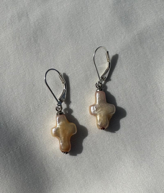 Small Pearl Cross Earrings